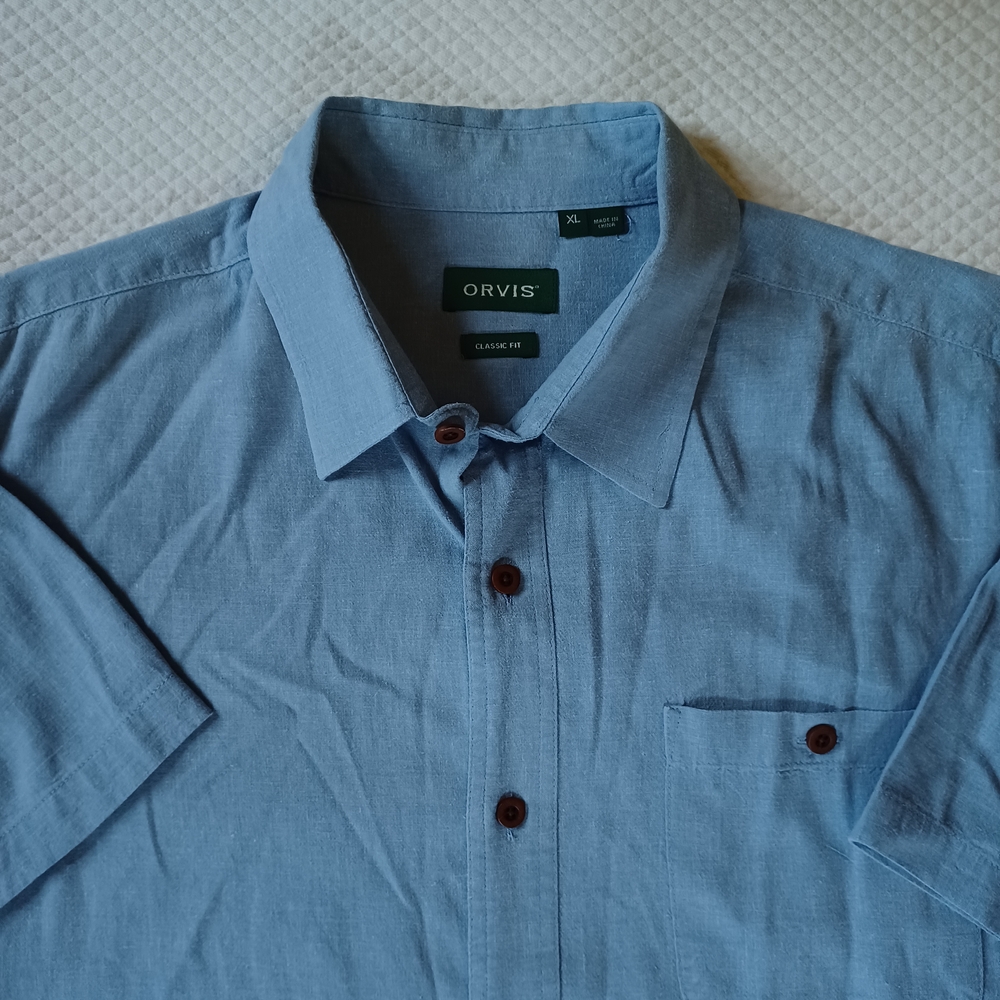 Orvis Men's Blue HempBlend Button-Down Short Sleeve Shirt Size XL